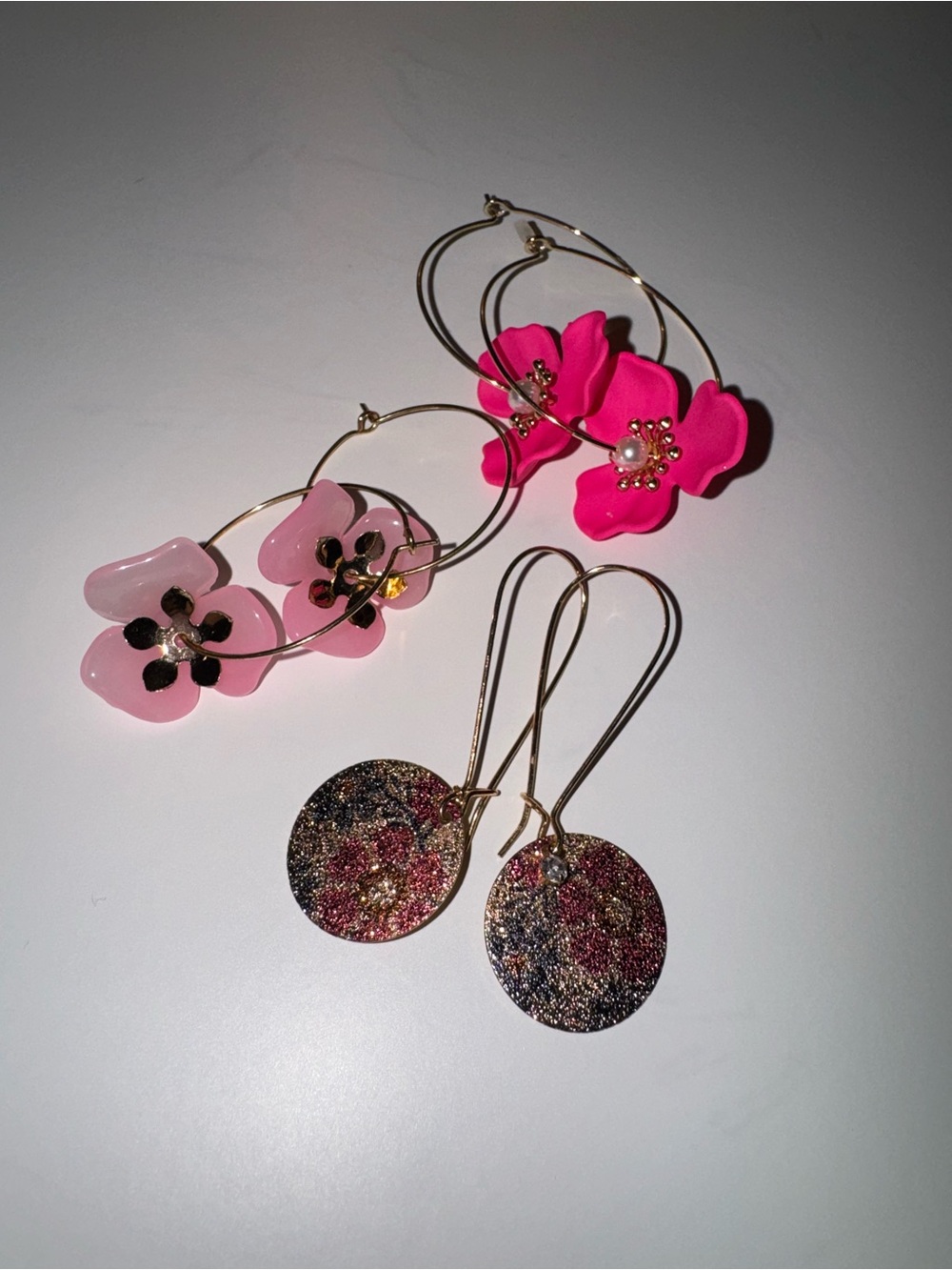Pink Floral Hoop Earrings and Glitter Disc Drop Earrings - Women Jewelry
